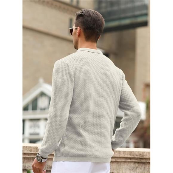 Mens Knit Polo Sweater Long Sleeve Lightweight Collared Pullover Casual - Picture 3 of 4